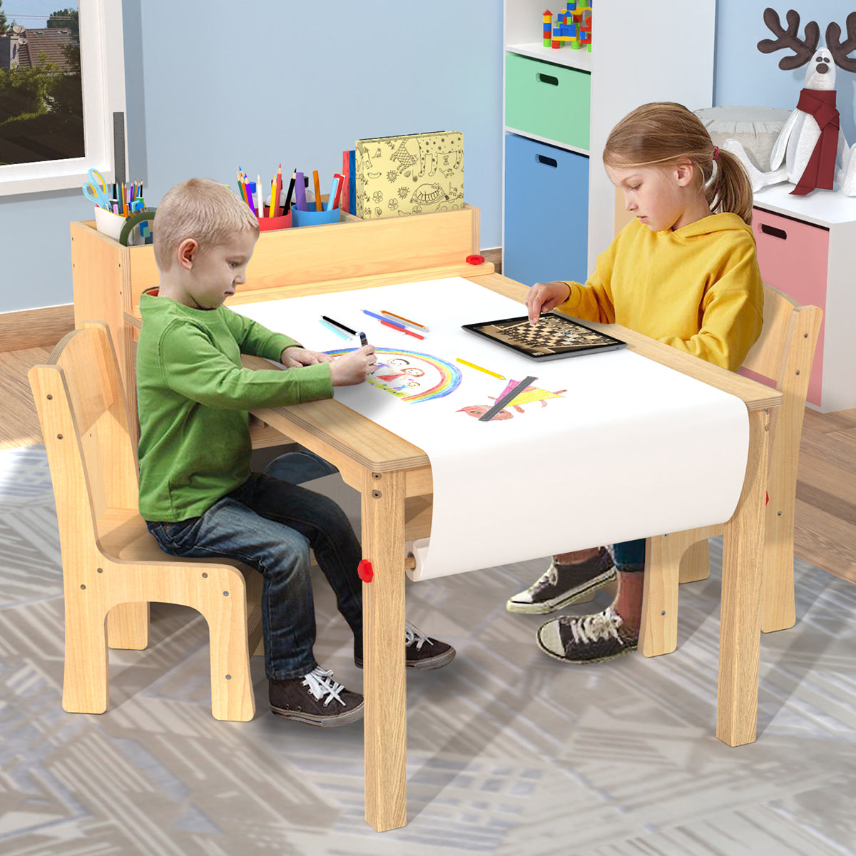 Kids Art Table and 2 Chairs, Wooden Drawing Desk, Activity & Crafts,  Children's Furniture, 42x23