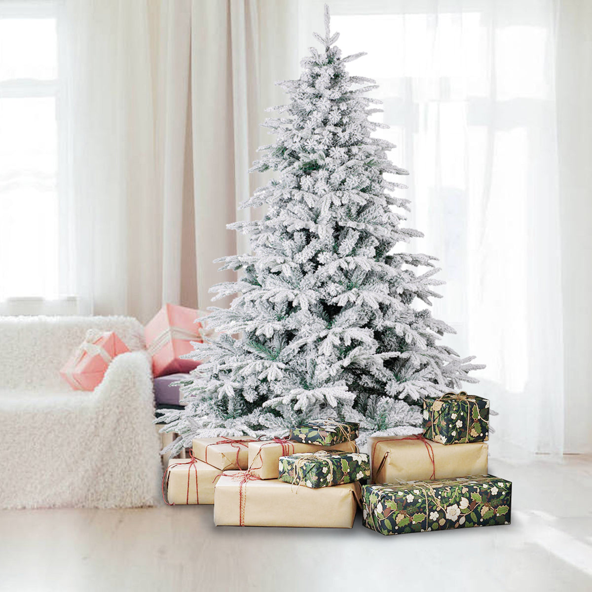 Flocked white Christmas tree with all white and silver decorations