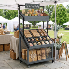 Load image into Gallery viewer, Rolling Vendor Display Stand for Pop Up Shops with Adjustable Dividers for Crafts, Gifts, Snacks and Small Goods