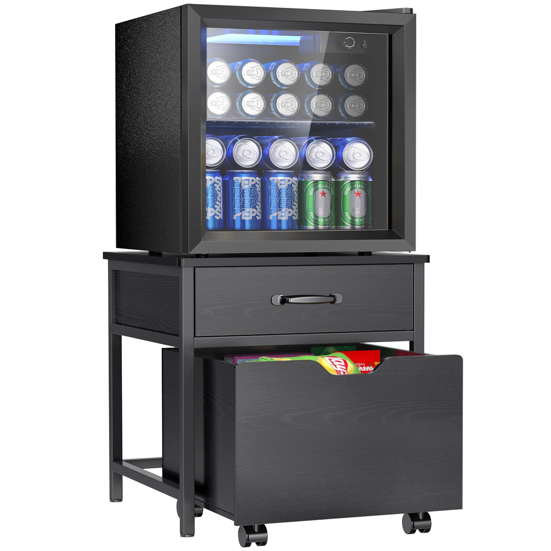 mini fridge dresser TC-HOMENY Mini Fridge Stand with 2 Storage Drawers, Refrigerator Microwave Table Shelf with Lockable Mobile Wheels, Beverage Compact Fridge Cabinet