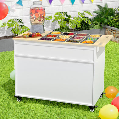 DLF Charcuterie Cart with Stainless Steel Food Pans, Mobile Pizza Topping & Salad Bar Station, Buffet Serving Table