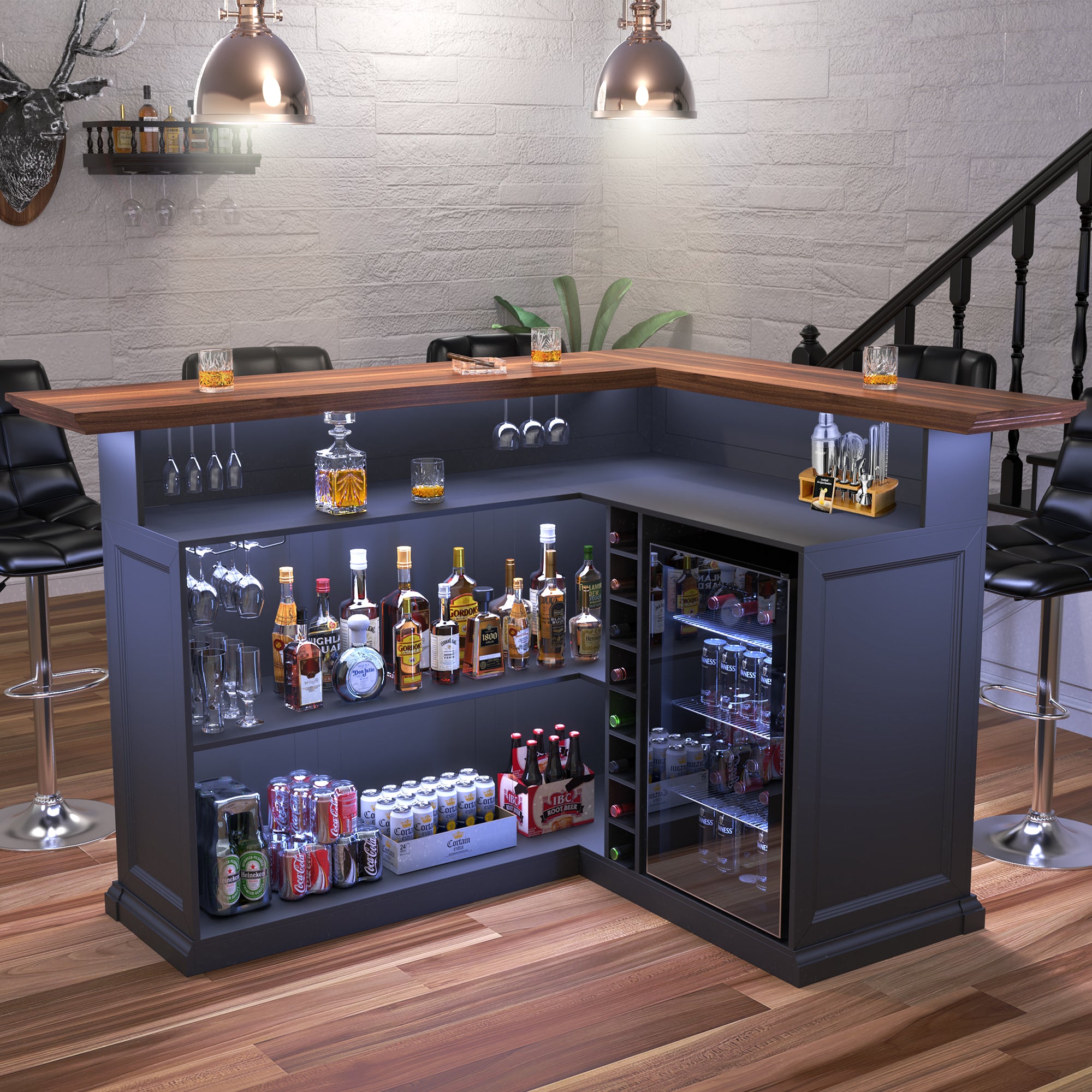 L Shaped Home Bar Cabinet with Fridge Space, Oversized Modern Basement Bar  Table, image size:2000x2000
