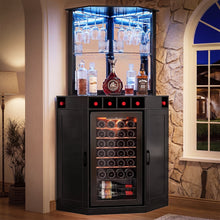 Load image into Gallery viewer, Tall Corner Bar Cabinet with Fridge Space, LED Liquor Cabinet, Black