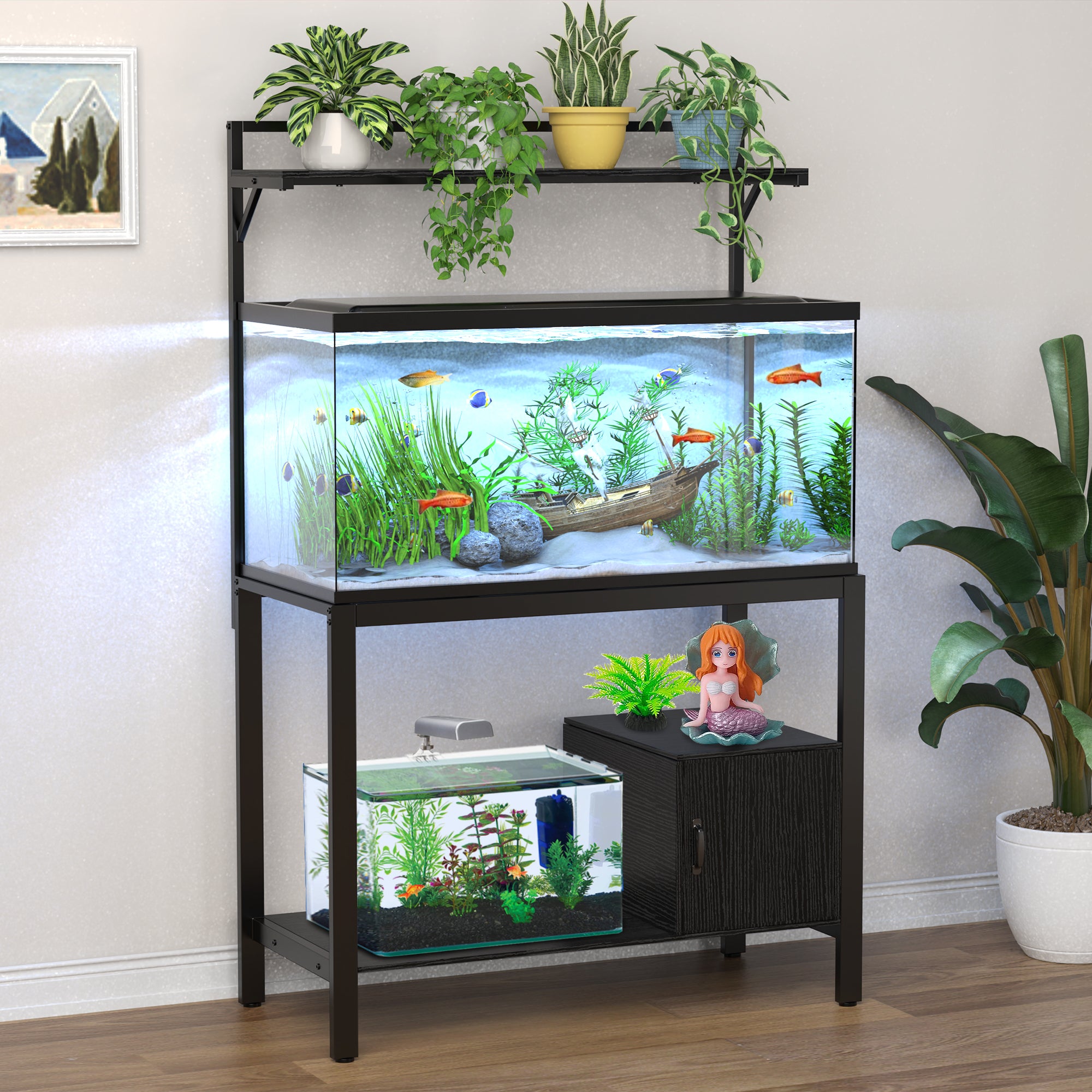 GDLF 40-50 Gallon Fish Tank Stand with Plant Shelf Metal Aquarium Stand with Cubby Storage 36.6 x 18.5 Tabletop Fits Aquarium,Turtle Tank,or