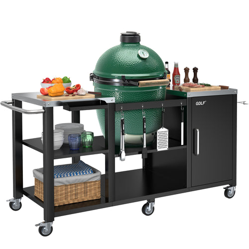 GDLF Grill Table Compatible with Big Green Egg Grill,Heavy Duty Metal Green Egg Stand with Accessories Storage