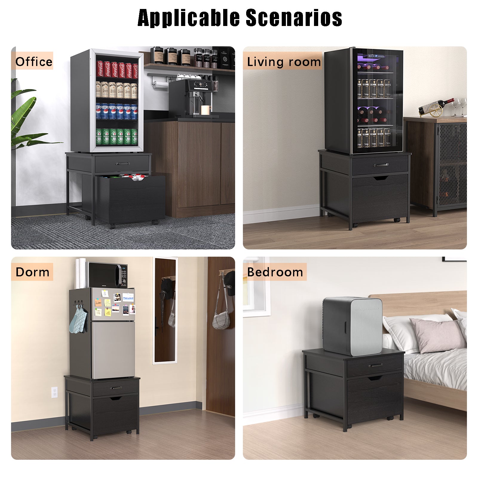 mini fridge dresser Mini Fridge Stand with Charge Station, Side/ End Table with Storage Drawers and Rolling Cabinet