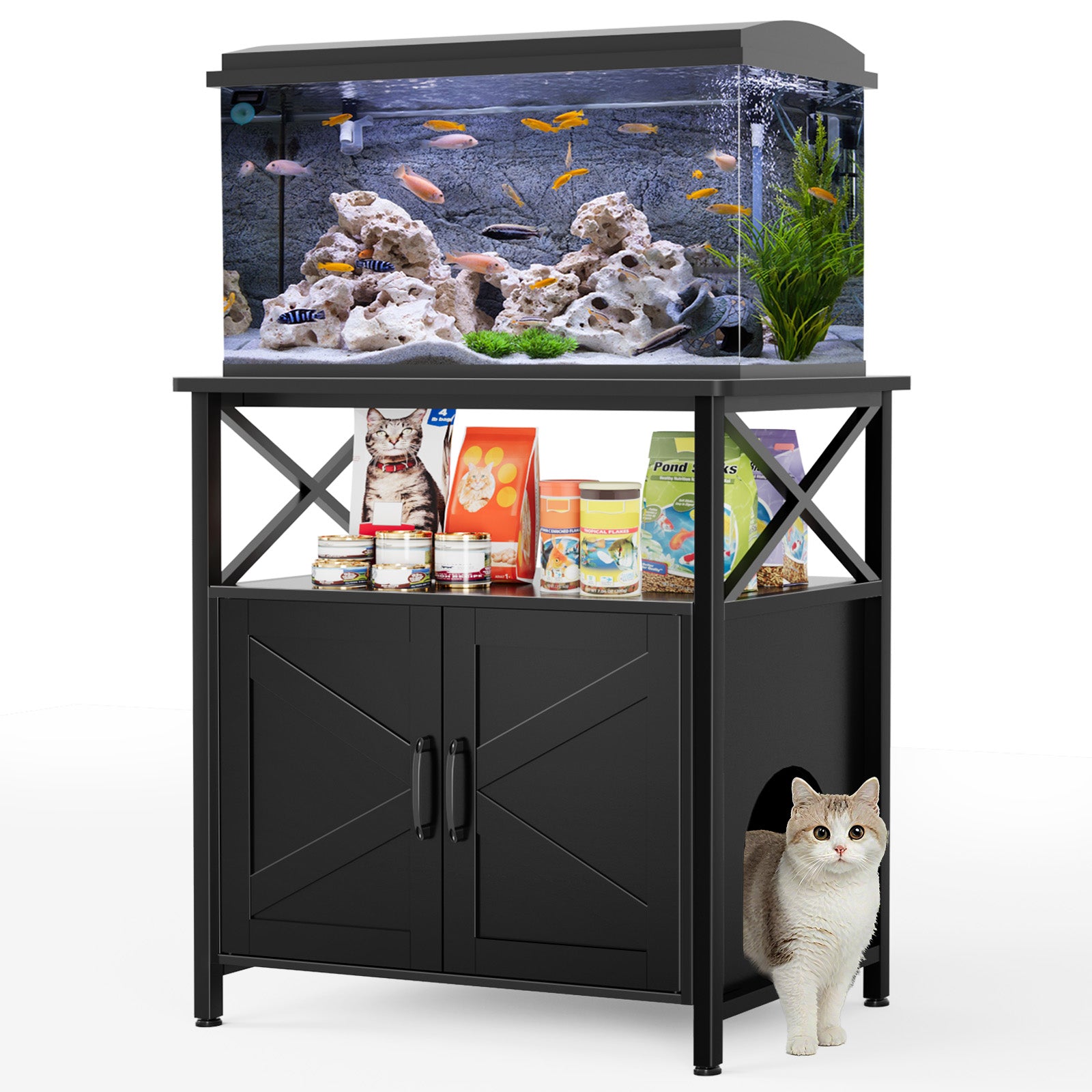 20-29 Gallon Fish Tank Stand, Aquarium Stand with Cat Litter Box Enclosure, Black