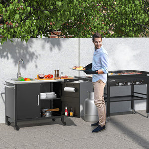 GDLF Outdoor Grill Table with Sink,Metal Outdoor Grill Cart, Outdoor Kitchen Island with Stainless Steel Sink