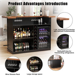 Home Bar Unit with Fridge Space, U-Shape Liquor Wine Cabinet, 63" Mini Bar Table