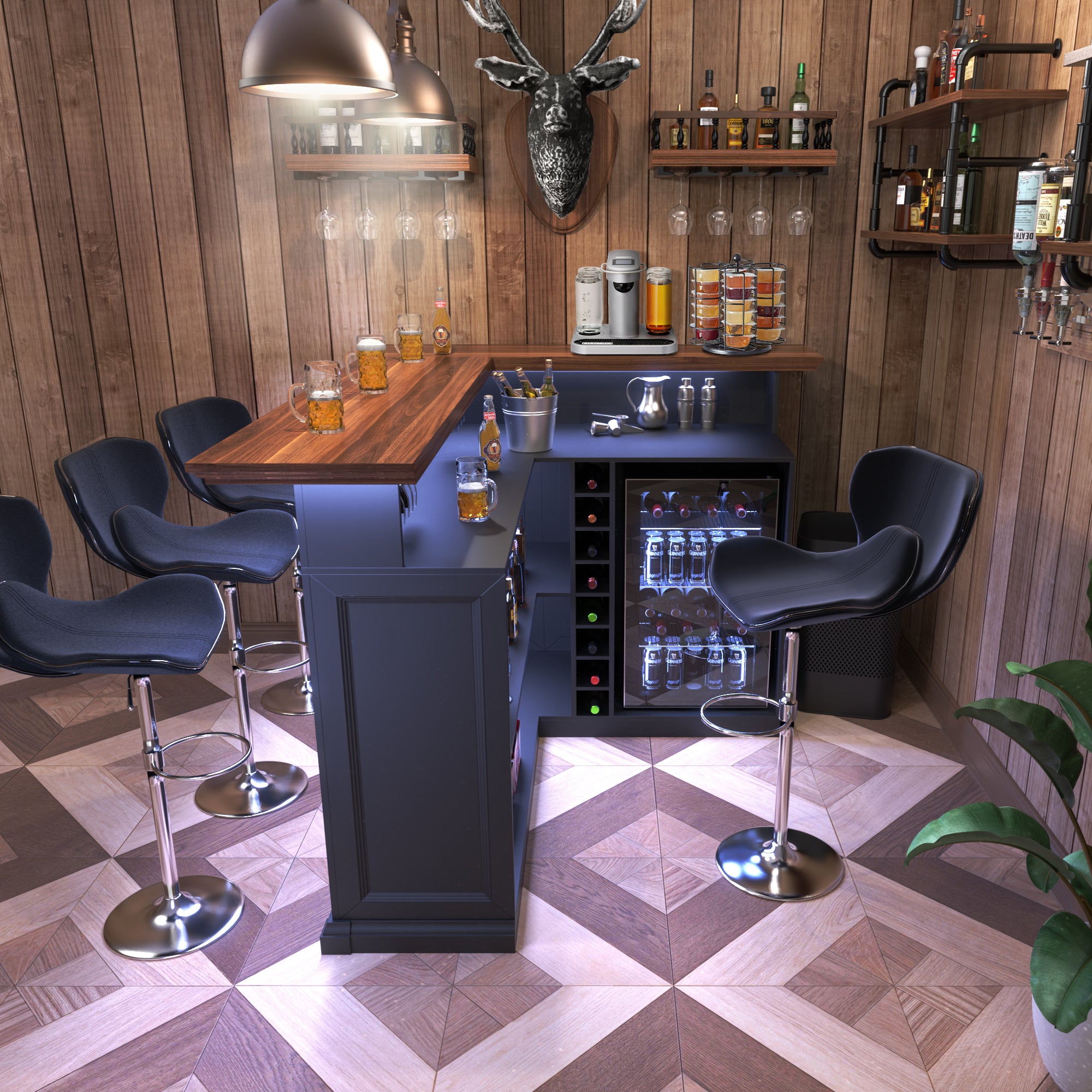 L Shaped Home Bar Cabinet with Fridge Space, Oversized Modern Basement ...