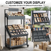 Load image into Gallery viewer, Rolling Vendor Display Stand for Pop Up Shops with Adjustable Dividers for Crafts, Gifts, Snacks and Small Goods