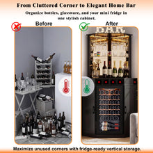 Load image into Gallery viewer, Tall Corner Bar Cabinet with Fridge Space, LED Liquor Cabinet, Black