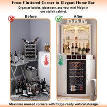 Load image into Gallery viewer, Tall Corner Bar Cabinet with Fridge Space, LED Liquor Cabinet, White