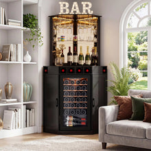 Load image into Gallery viewer, Tall Corner Bar Cabinet with Fridge Space, LED Liquor Cabinet, Black