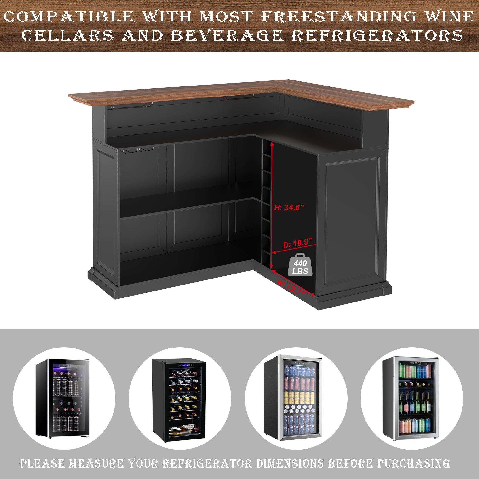 L Shaped Home Bar Cabinet with Fridge Space, Oversized Modern Basement ...