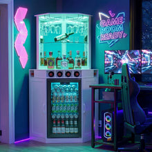 Load image into Gallery viewer, Tall Corner Bar Cabinet with Fridge Space, LED Liquor Cabinet, White