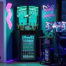 Load image into Gallery viewer, Tall Corner Bar Cabinet with Fridge Space, LED Liquor Cabinet, Black