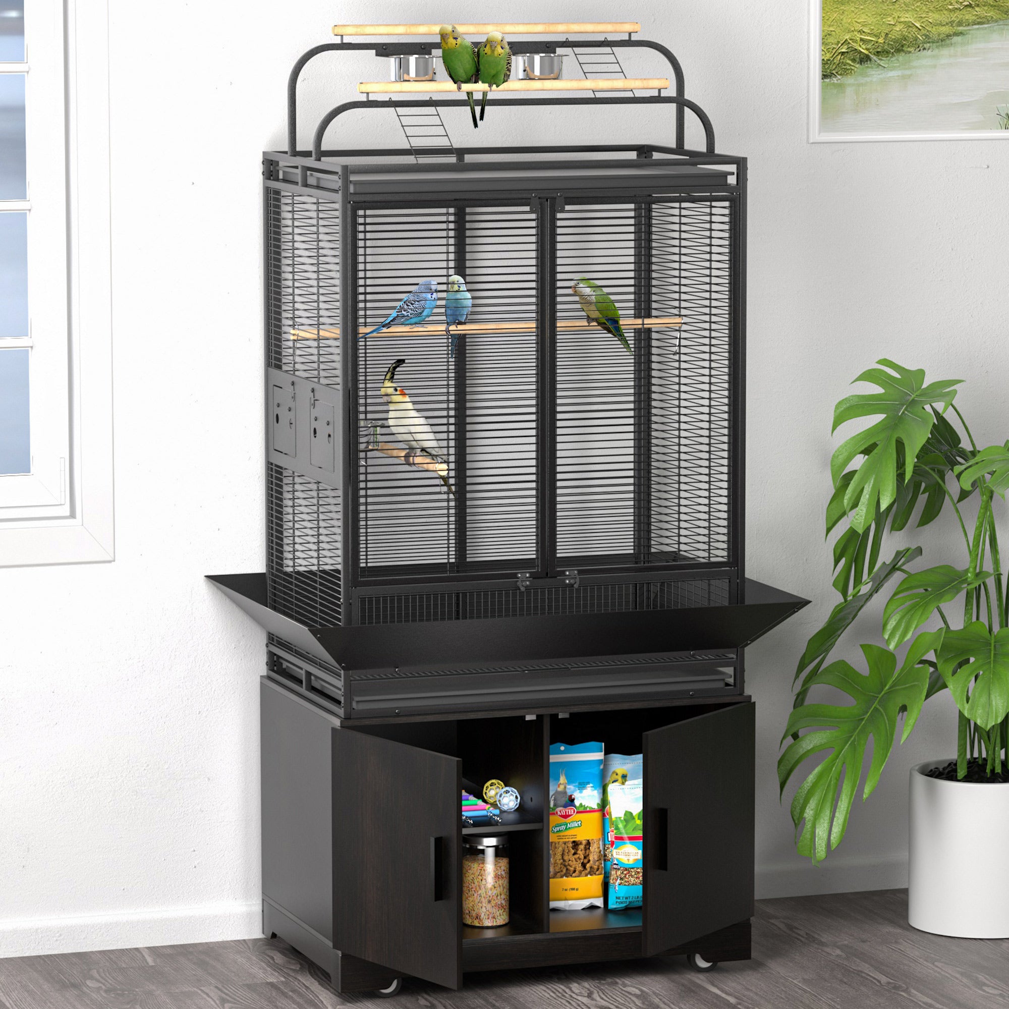 Illustration of Jumbo Bird Birdcage With Play Center Attachment And Storage Niche
