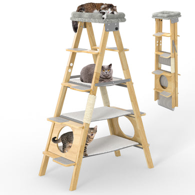 GDLF Modern Solid Wood Cat Tree Foldable Ladder Design with Cat Hammock & Sisal Scratch Post Easy Clean 60