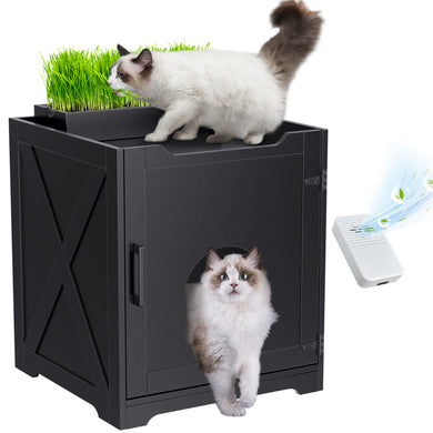 GDLF Hidden Cat Litter Box Enclosure with Easy to Grow Cat Grass with Small Air Purifier Deodorizer