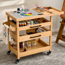 Load image into Gallery viewer, Art Cart, Beech Wood Art Supply Cart Organizer on Wheels with Tempered Glass Palette for Home Studio, Rolling Studio Storage Furniture for Artists