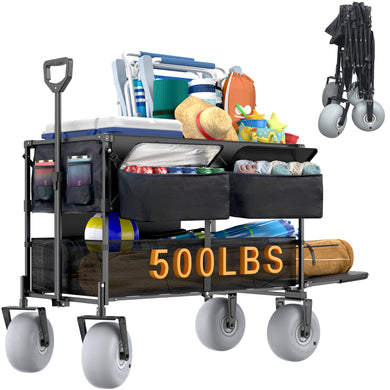 GDLF Beach Wagon, Collapsible Double Decker Utility Cart with 500lb Capacity & 9