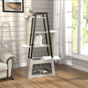 GDLF Modern Cat Tree Wooden Heavy Duty  Tower with Condo and Long Scratching Posts, Easy Clean 54"