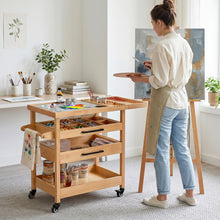 Load image into Gallery viewer, Art Cart, Beech Wood Art Supply Cart Organizer on Wheels with Tempered Glass Palette for Home Studio, Rolling Studio Storage Furniture for Artists