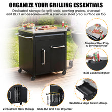 Load image into Gallery viewer, Outdoor Grill Cart, BBQ Tool Organizer &amp; Charcoal Storage Station with Stainless Steel Prep Top