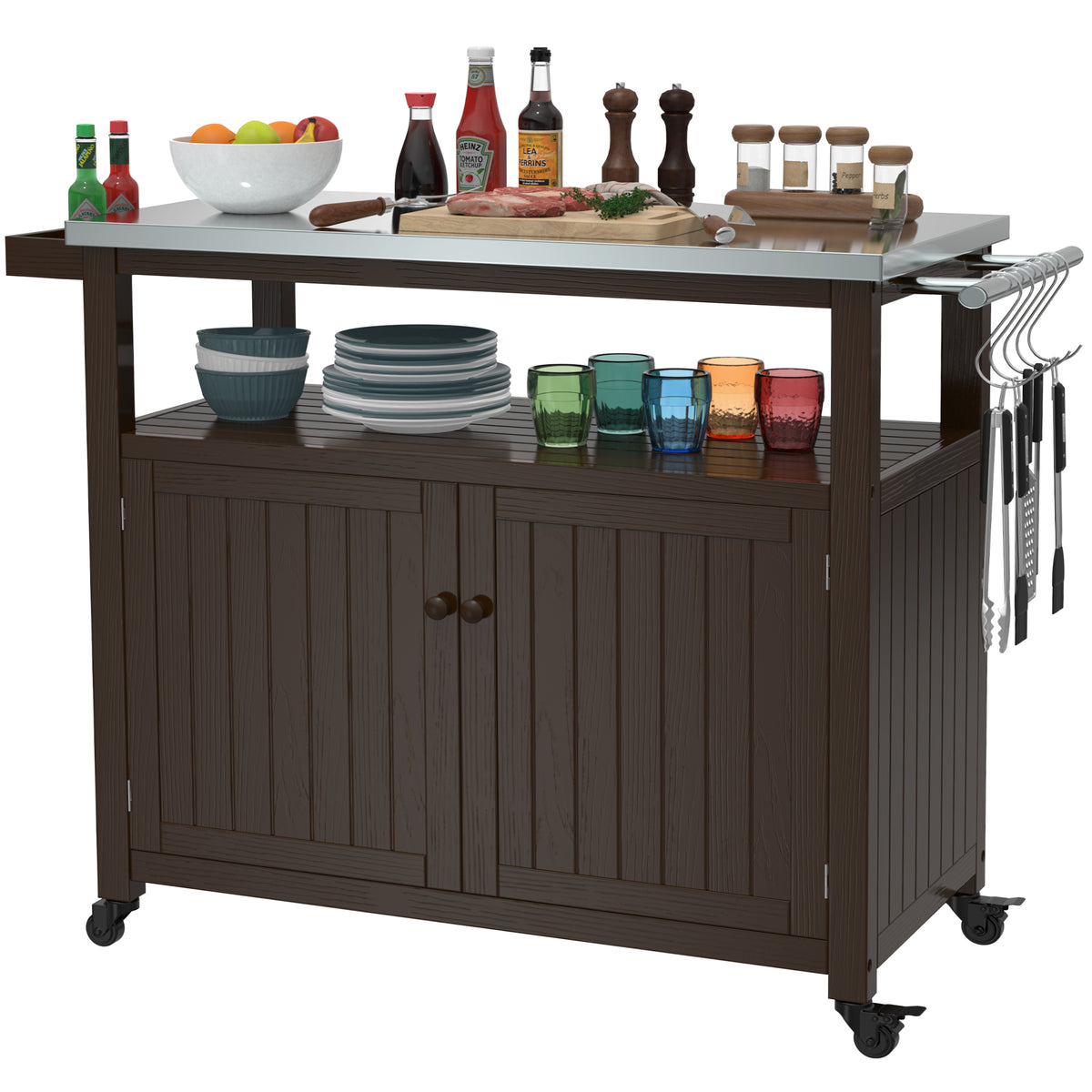 Outdoor Prep Table Grill Station, Solid Wood Movable Dining Cart Table
