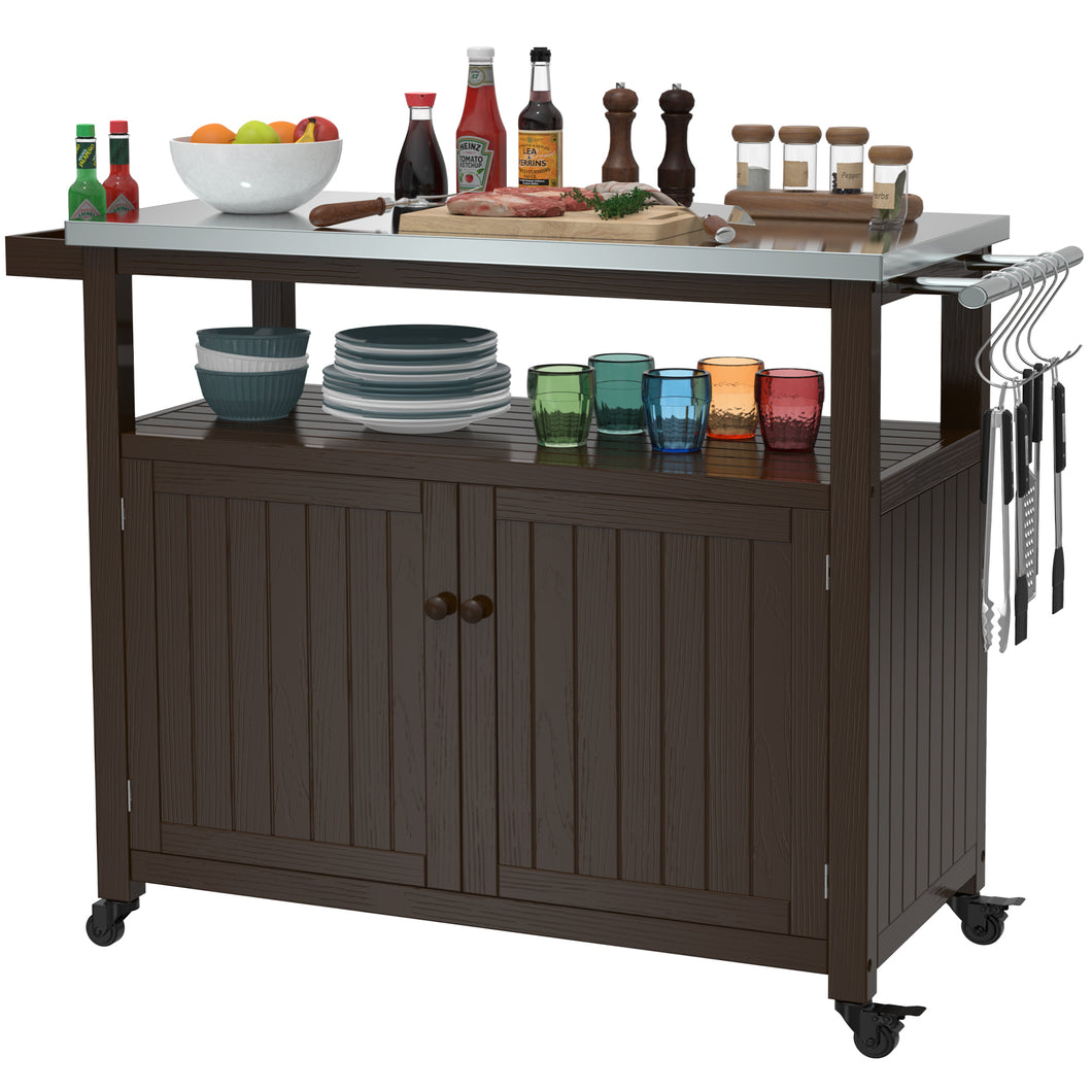 Outdoor Prep Table Grill Station, Solid Wood Movable Dining Cart Table, Dark Brown