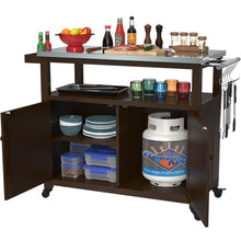 Load image into Gallery viewer, Outdoor Prep Table Grill Station, Solid Wood Movable Dining Cart Table, Dark Brown