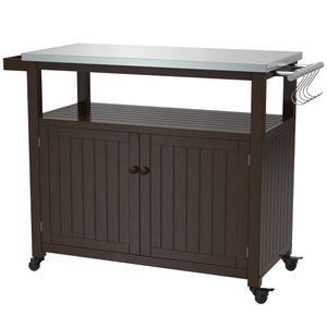 Outdoor Prep Table Grill Station, Solid Wood Movable Dining Cart Table, Dark Brown