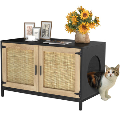 GDLF Wood Hidden Cat Litter Box Enclosure Furniture with Cane Rattan Door