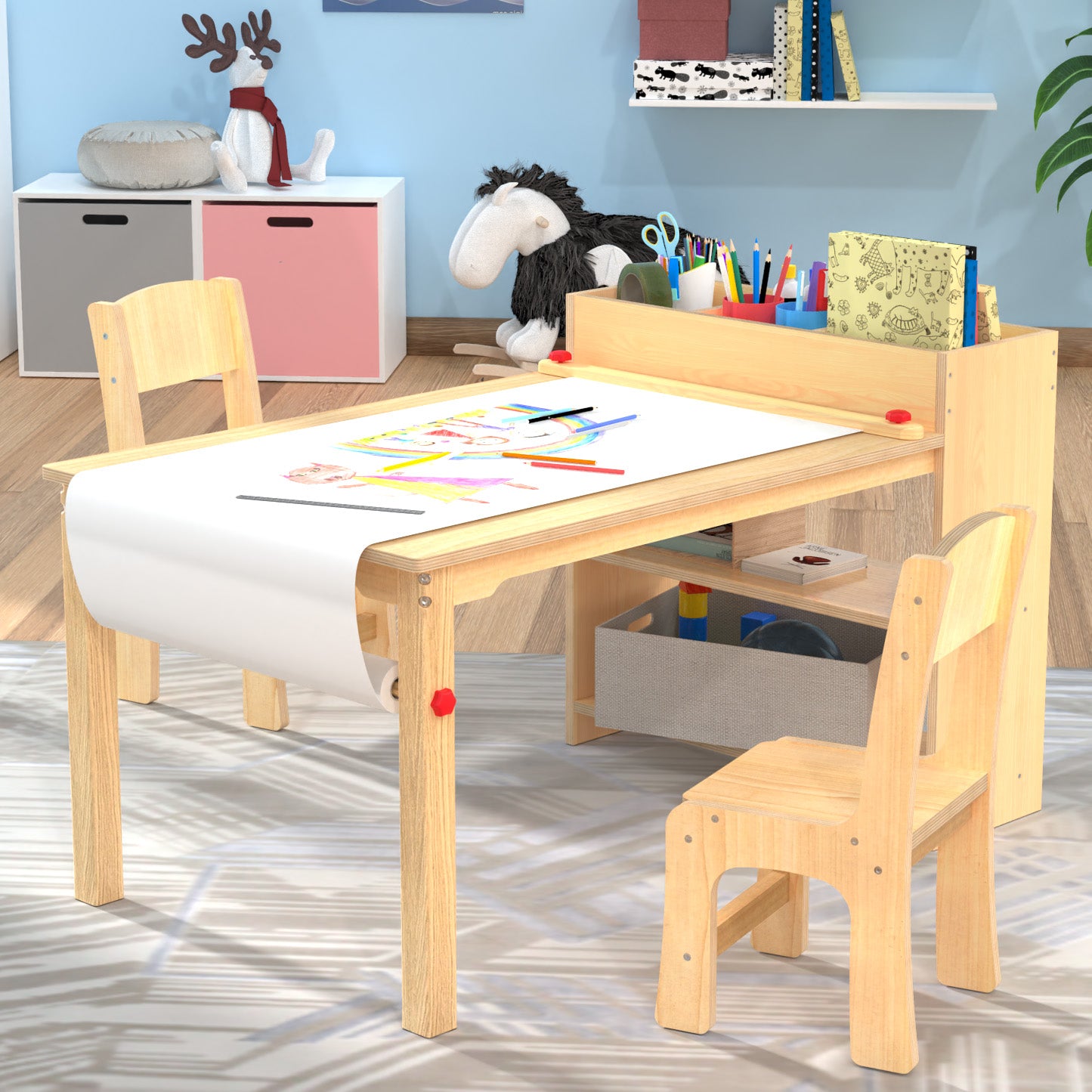Kids Art Table and 2 Chairs, Wooden Drawing Desk, Activity & Crafts, C –  shopGDLF