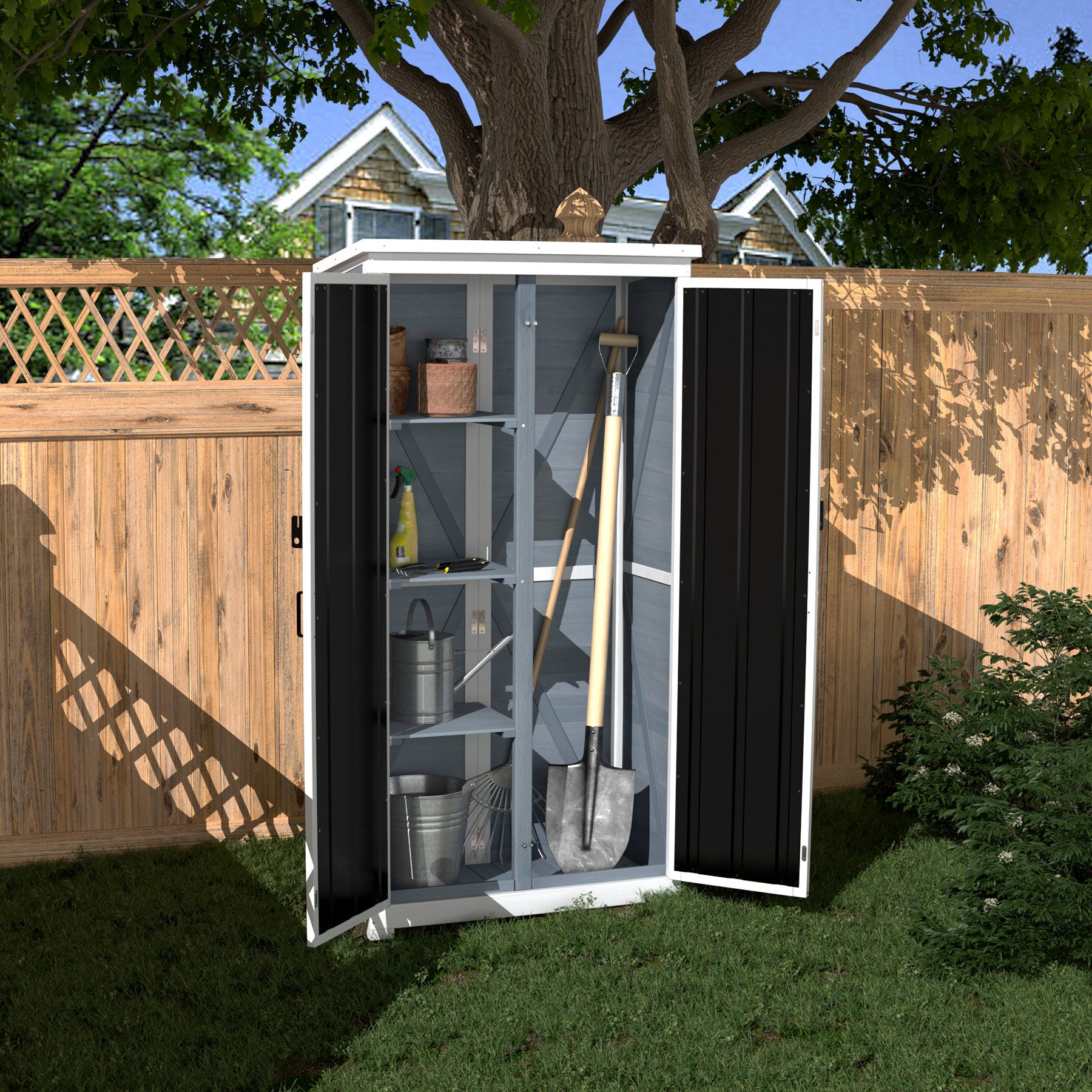 Outdoor Storage Cabinet Wood & Metal Garden Tool Shed Waterproof