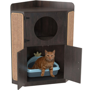 GDLF Litter Box Enclosure, Corner Furniture Style Cat House with Scratch Pad & 2 Corner Litter Boxes Included
