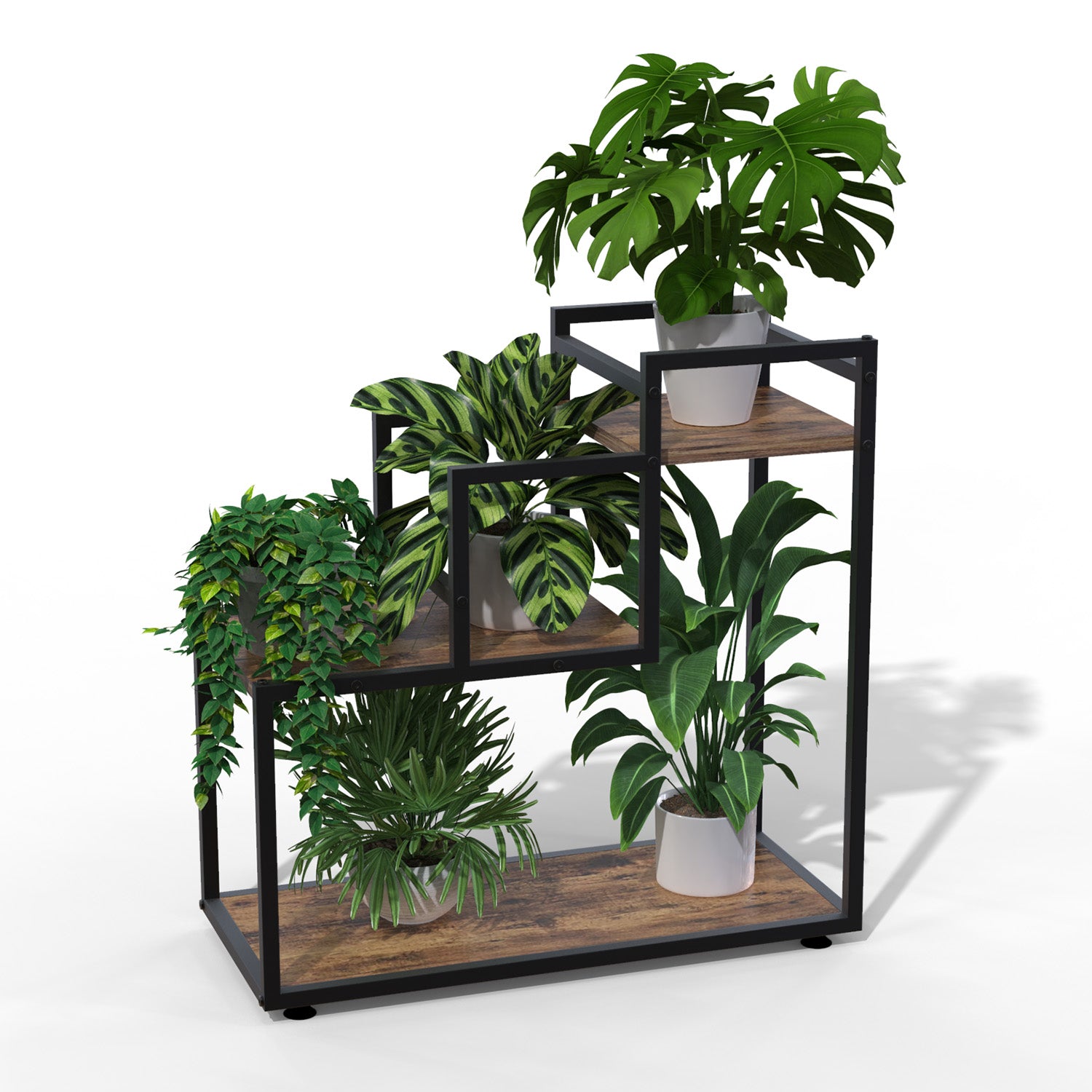 iron rack for plants GDLF Trapezoidal Plant Stand 3-Tier Black Antique Wood Metal Rack