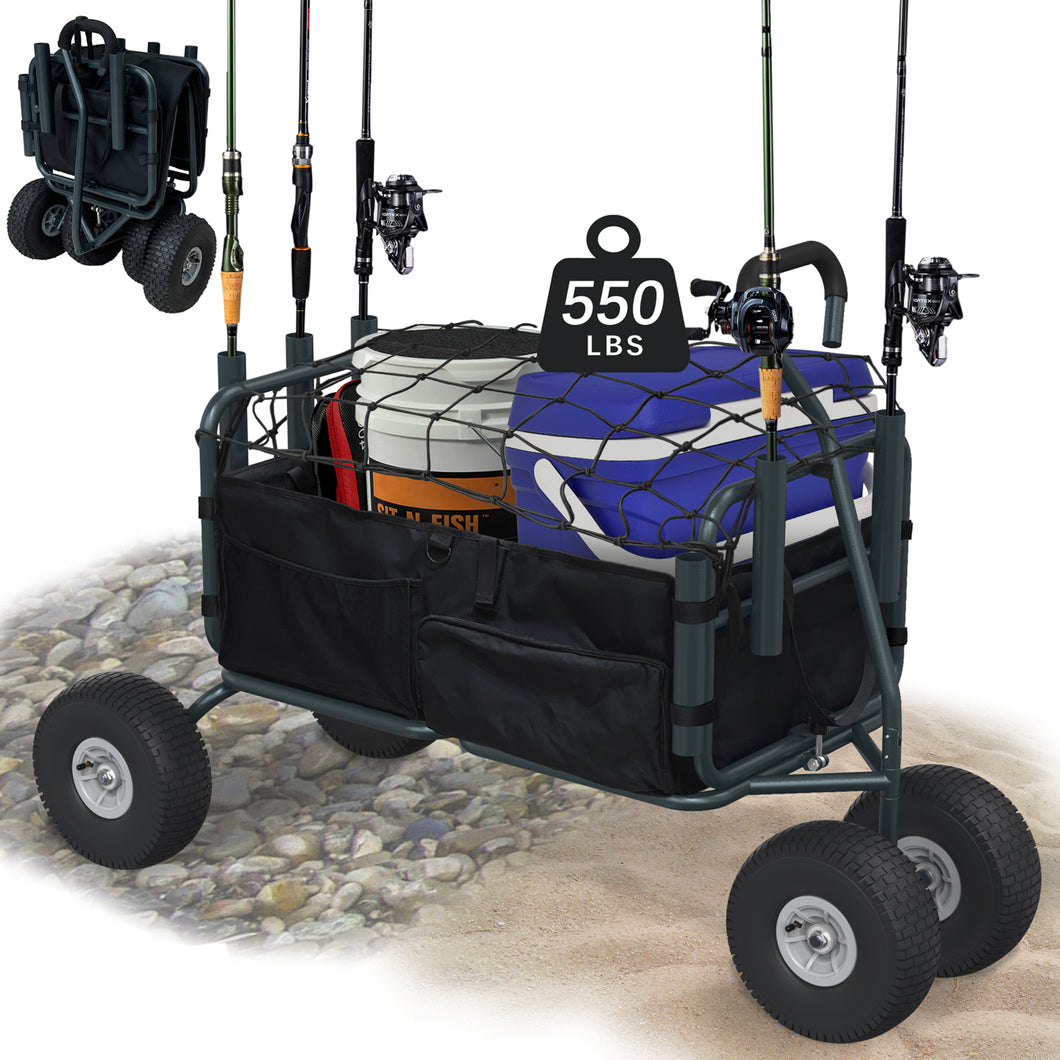 GDLF Fishing Cart  Heavy Duty Foldable Collapsible Wagon  Rod Holders 550 Pound Capacity 53.9