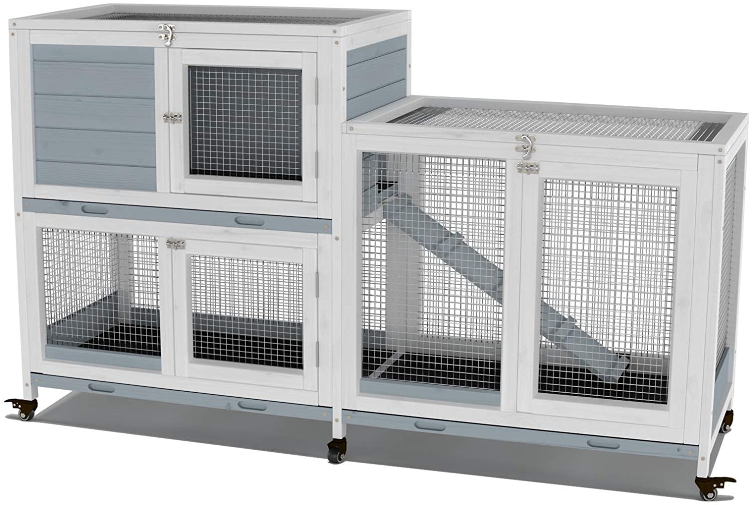 thumbnail image 2 of Indoor Rabbit Hutch With Wheels - 2-Story Bunny Cage For Small Animals With Removable Tray 2 of 13